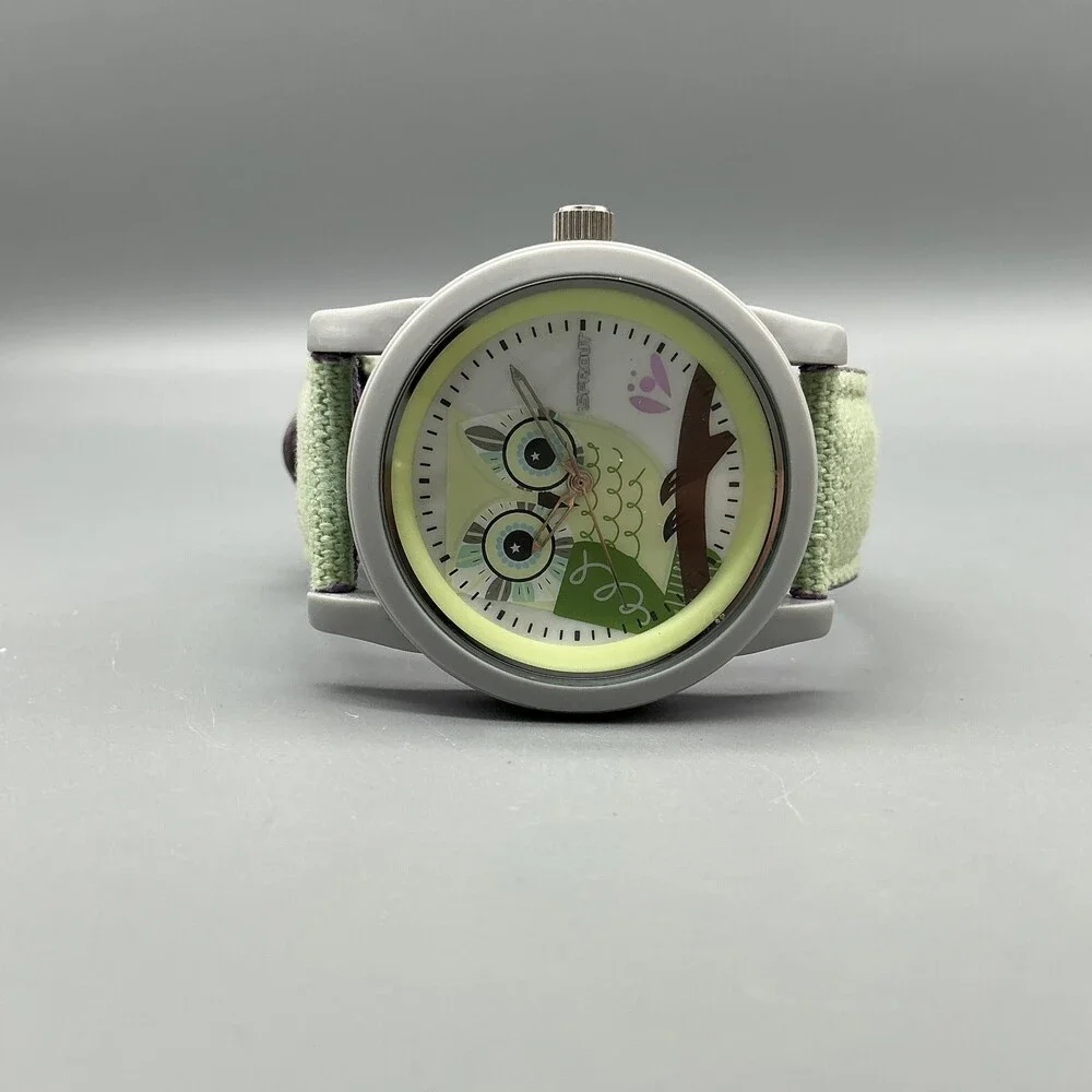 Sprout Girls Watch 38mm Owl MOP Dial Green Gray Case Canvas Strap New Battery